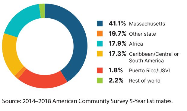 Pie Chart: 41.1%-Massachusetts / 19.7%-Other state / 17.9%-Africa / 17.3%- Caribbean/Central or South America / 1.8%-Puerto Rico/USVI / 2.2%-Rest of world