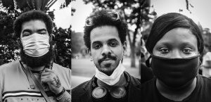 Portraits of black woman and two black men wearing COVID masks outdoors in Cambridge - photos by Kristen Joy Emack